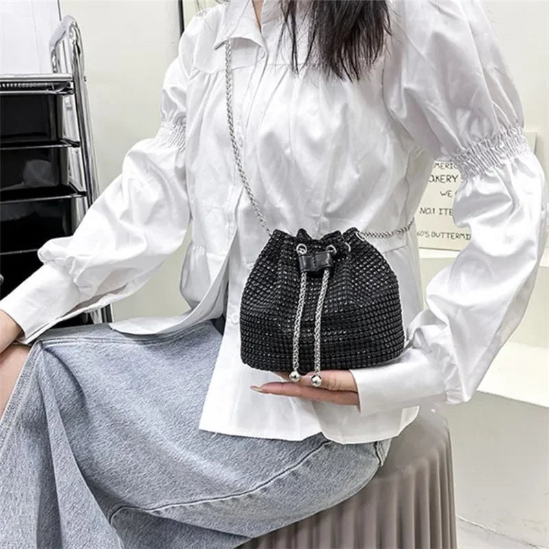 Sparkling Rhinestone Embellished Drawstring Crossbody Bag for Women Multi-Functional Bucket Purse with Detachable Chain Strap