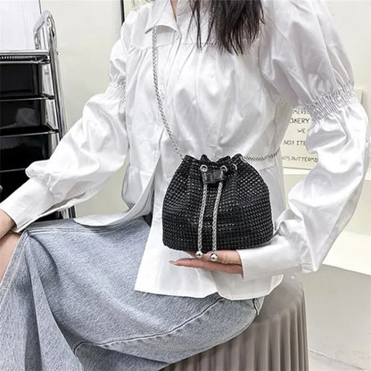 Sparkling Rhinestone Embellished Drawstring Crossbody Bag for Women Multi-Functional Bucket Purse with Detachable Chain Strap