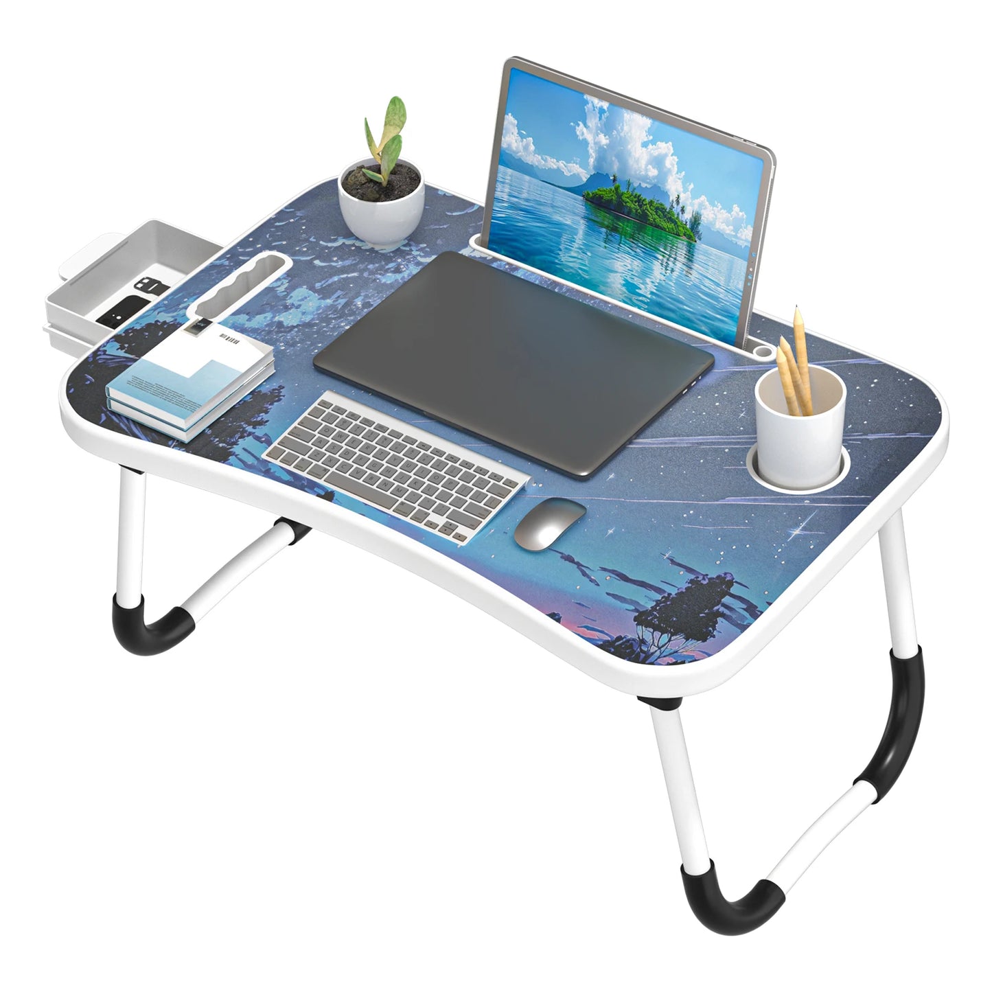 Extra-Large Multifunctional Folding Table, Portable Multi-Color Wooden Laptop Desk with Cup Holder, Ideal for Work and Reading