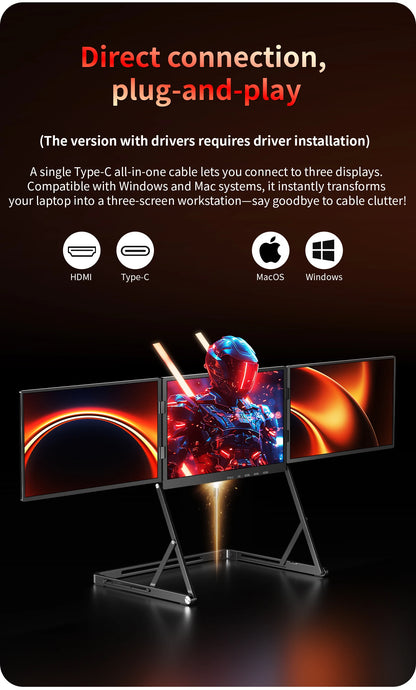 SIBOLAN 16 Inch Triple Screen Foldable Extender Display 2.5k/1080P IPS All-Metal Adjustable Stand USB C for MAC Laptop Travel