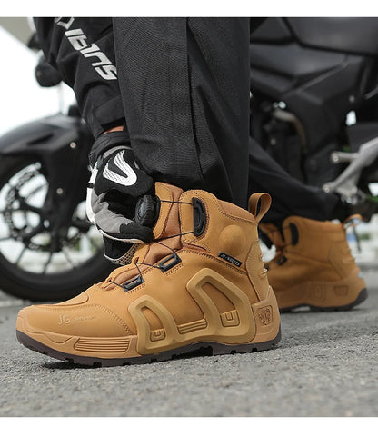 Men Motorcycle Riding Boots Waterproof Cowhide Leather Breathable Anti-Slip Wear-Resistant Street Moto Shoes