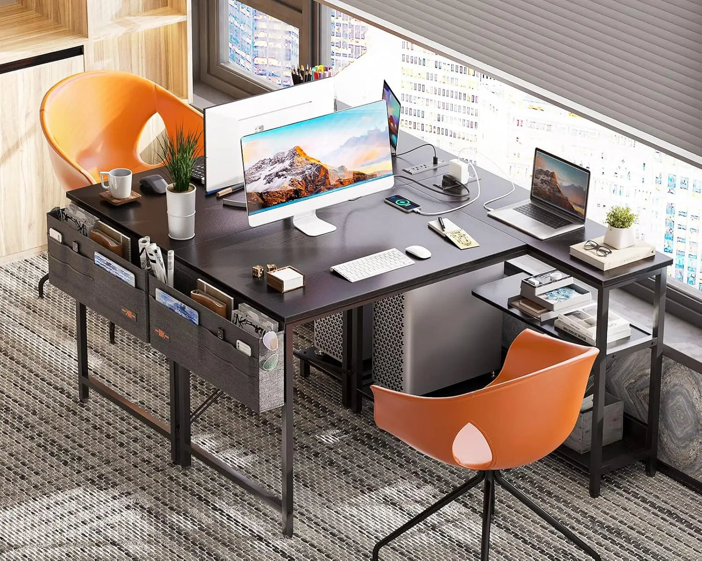 40 Inch L-Shaped Gaming Desk with Power Outlets, Reversible Shelves & PC Stand for Home Office, Black