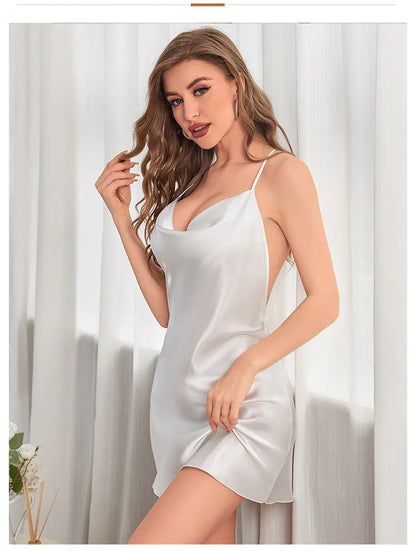 Summer Solid Silk Stain V-neck Nightgown Women's Sleepwear Butterfly Cross Suspender Backless Mini Dress Thin Nightdress