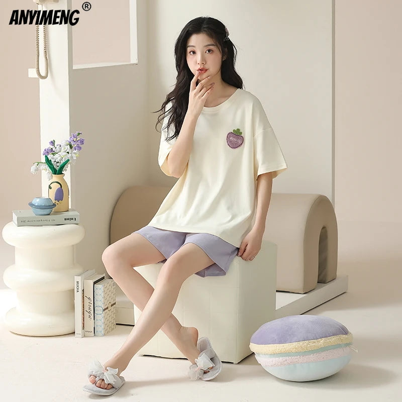 100% Pure Cotton Women Pajamas Summer Cartoon Print Pijamas Girls Nightwear Homewear Short Sleeve Sleepwear O-neck Loungewear