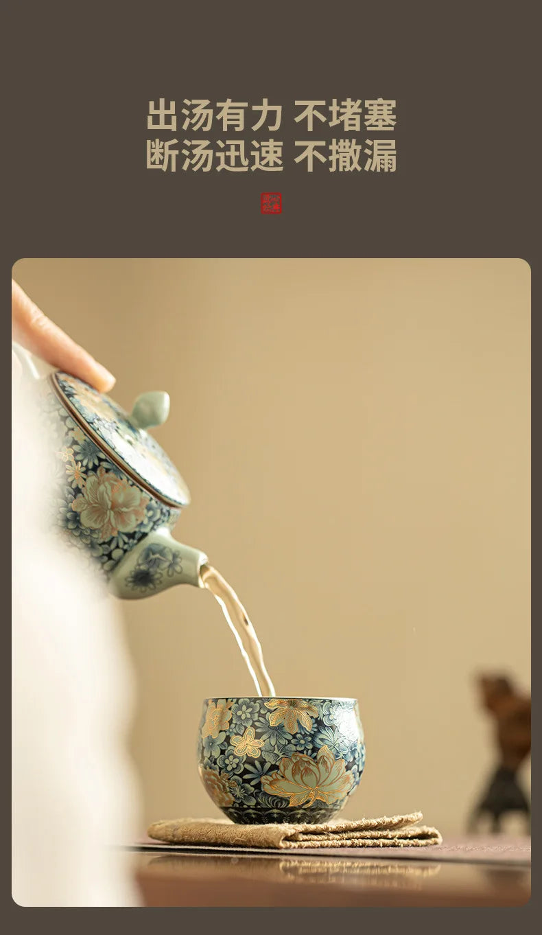 Ru Kiln Ceramic Teapot Gilded Peony Western Han Tile Pot Kung Fu Tea Set Household Tea Pot