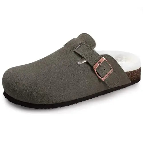 Crestar Women's Suede Clogs Lady Fashion Buckle Leather Mules Comfort Cork Footbed Potato Shoes with Arch Support Beach Sandal