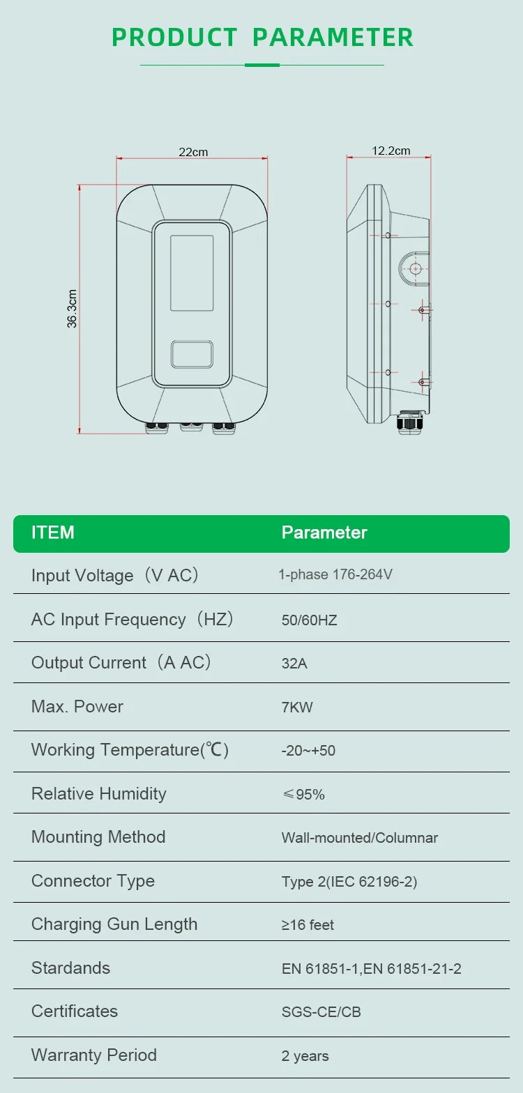 32A EV Charging Station 7KW 1Phase Electric Vehicle Charger Type2 EVSE Wallbox IEC62196-2 EV Charge Type 2 with 5M Cable