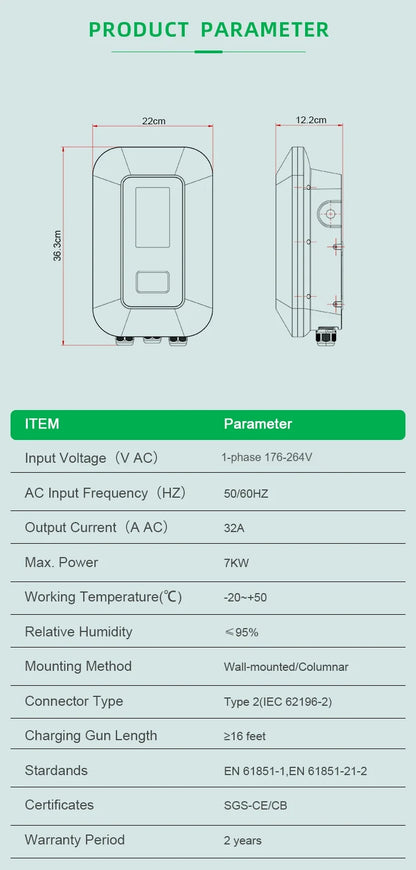 32A EV Charging Station 7KW 1Phase Electric Vehicle Charger Type2 EVSE Wallbox IEC62196-2 EV Charge Type 2 with 5M Cable