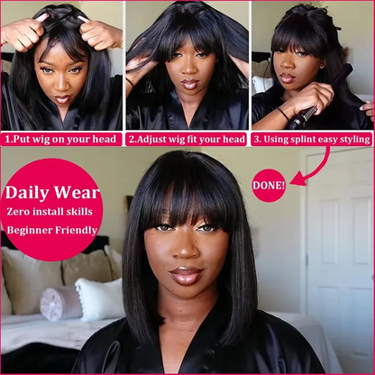 Bone Straight Human Hair Wig With Bangs Fringe Brazilian 3x1 HD Lace Frontal Wigs For Black Women 220% Density 34Inch