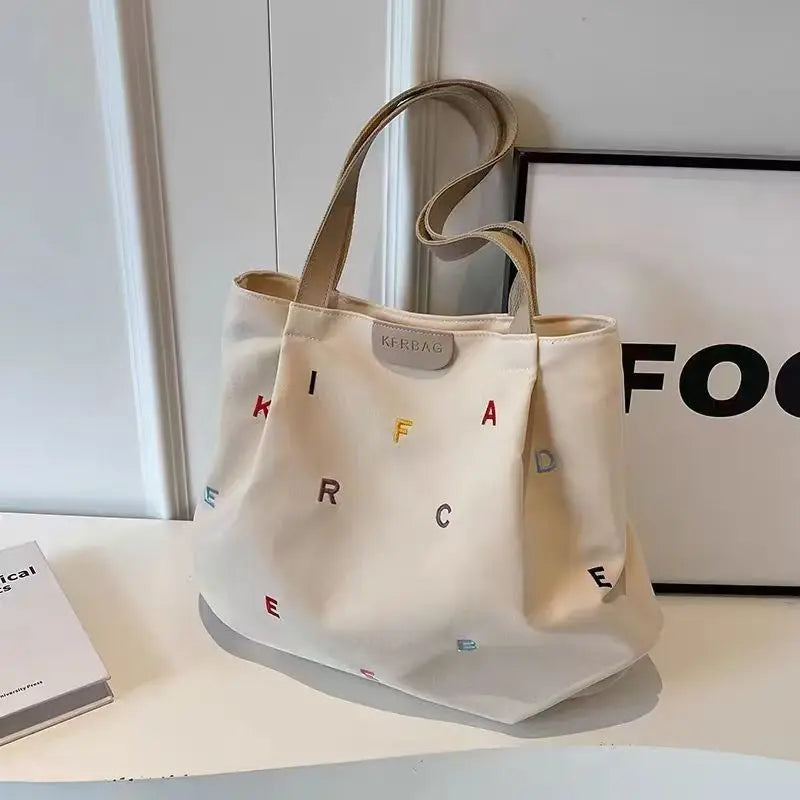Large Capacity Canvas Bag - Trendy Embroidered Letter Handbag for Girls, Small and Fresh Student Crossbody Tote Bag