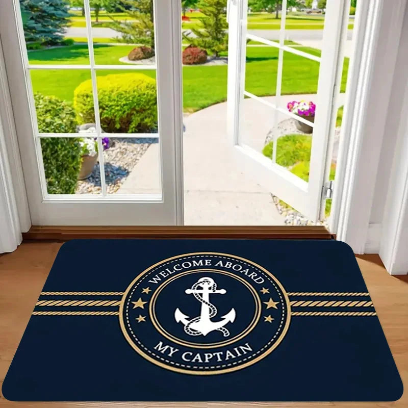 Welcome Aboard My Captain Door Mat Nautical Anchor Rope Design Non-slip Floor Rug for Living Room Bedroom Office Home Decor