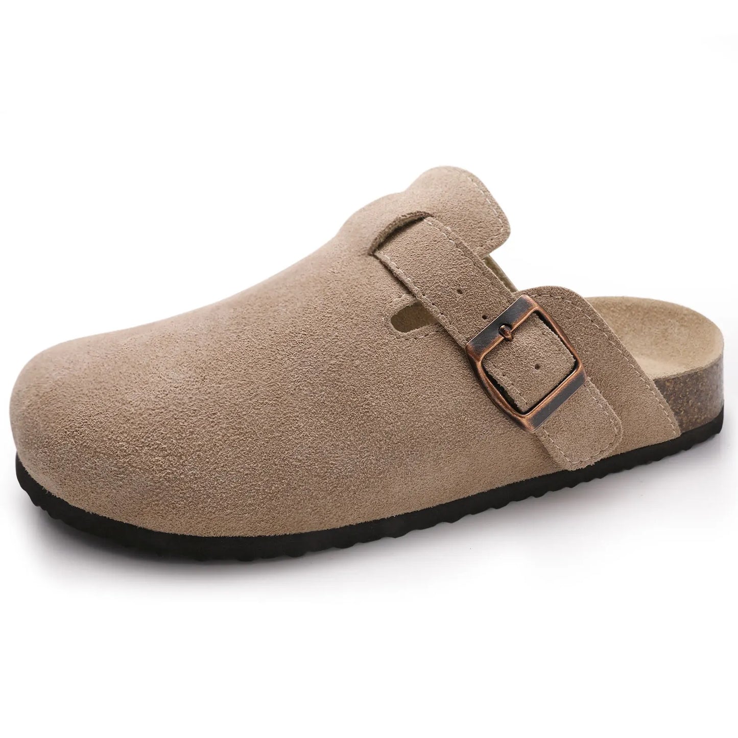 Crestar Women's Suede Clogs Lady Fashion Buckle Leather Mules Comfort Cork Footbed Potato Shoes with Arch Support Beach Sandal