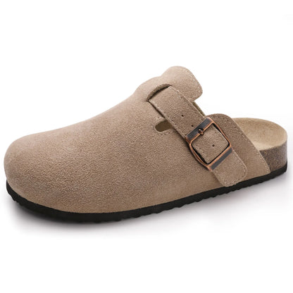 Crestar Women's Suede Clogs Lady Fashion Buckle Leather Mules Comfort Cork Footbed Potato Shoes with Arch Support Beach Sandal