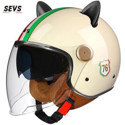Motorcycle Helmet Retro 3C & DOT Certified Half Face ABS Helmet Dual Visor Hidden Sun Shield Removable Cute Cat Ears