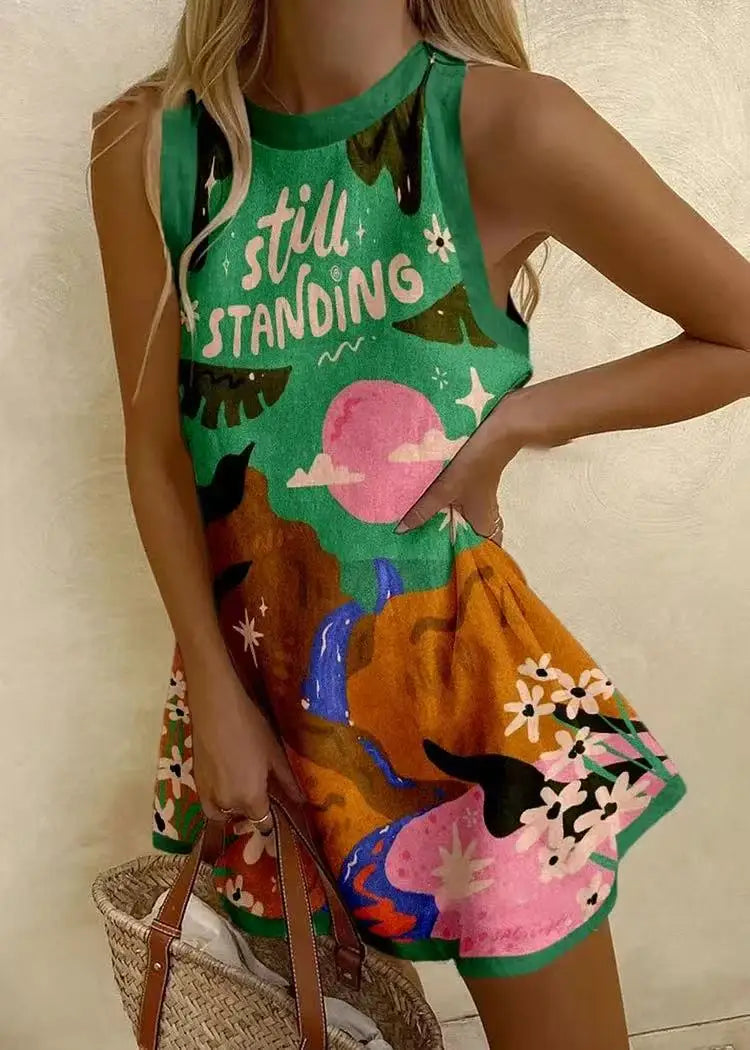 Women Sleeveless Dress Cute Sardines Fish Graphic Print Summer New Short Dress Beach Vacation Party Girl Skirts Dress
