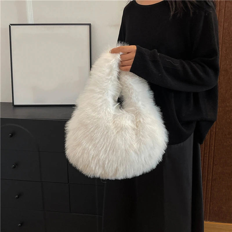 Winter Shoulder Bags Casual Furry for Women Solid Color Soft Plush Ladies Clutch Purse Handbags Lightweight Female Hobos Bag