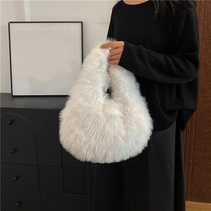 Winter Shoulder Bags Casual Furry for Women Solid Color Soft Plush Ladies Clutch Purse Handbags Lightweight Female Hobos Bag