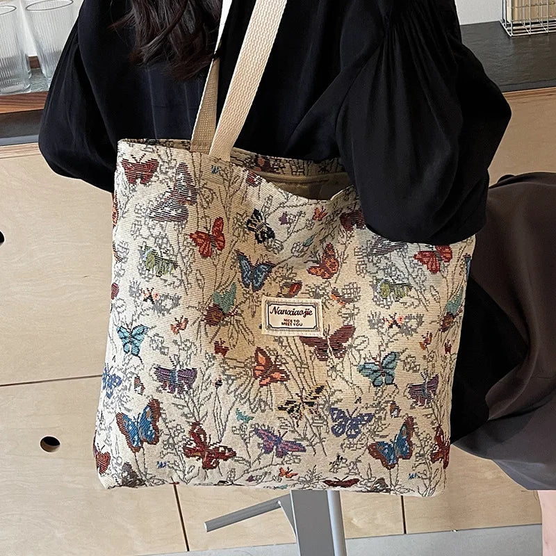 Stylish Corduroy Tote Bag for Women Bohemian Ethnic Style Shoulder Bag for Daily Commuting Shopper Office Worker College Student