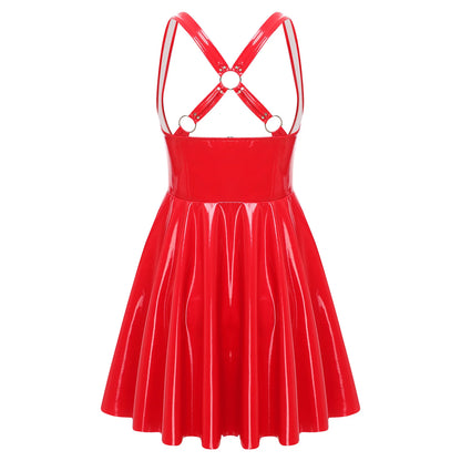 Gothic Punk Women Wet Look Latex Leather Dress Sleeveless Front Cut Out Cups Bodycons Dress Sexy Raves Party Nightclub Clubwear