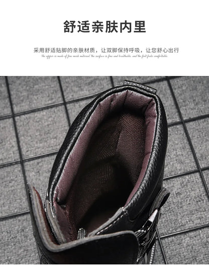 Men Motorcycle Boots Fashion Mid-Calf Punk Rock Punk PU Leather Black High Top Mens Casual Boot Steel Toe Shoes Big Size 38-46