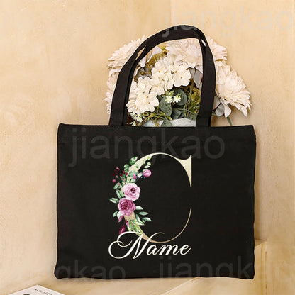 Personalized Initial with Name Tote Bag Women Canvas Shoulder Bags Monogram Shopping Bag Handbags Birthday Wedding Gifts for Her