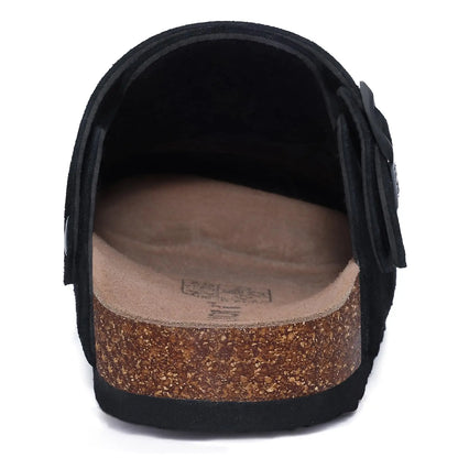 Crestar Women's Suede Clogs Lady Fashion Buckle Leather Mules Comfort Cork Footbed Potato Shoes with Arch Support Beach Sandal