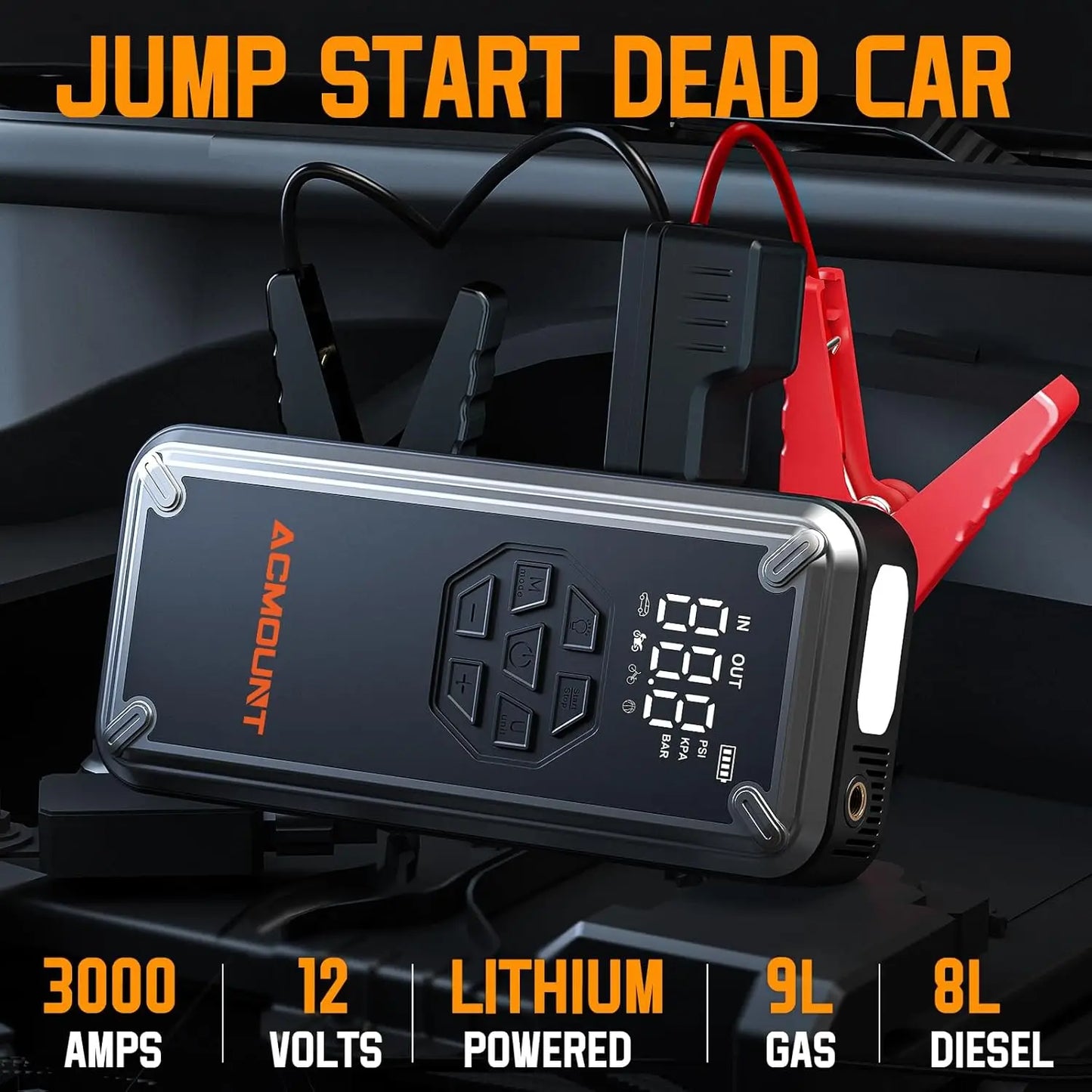 3000A Car Jump Starter with Air Compressor, 150PSI Tire Inflator,12V Battery Booster for 9.0L Gas/8.0L Diesel, LED Portable Pack