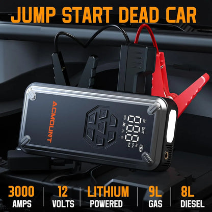 3000A Car Jump Starter with Air Compressor, 150PSI Tire Inflator,12V Battery Booster for 9.0L Gas/8.0L Diesel, LED Portable Pack