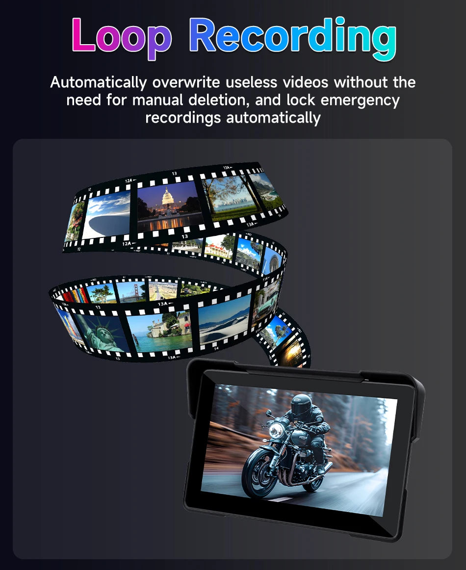 Vtopek 5"/7" inch Motorcycle DVR GPS Navigation Multimedia Player Wireless CarPlay Android Auto IPX7 Waterproof Screen Recorder