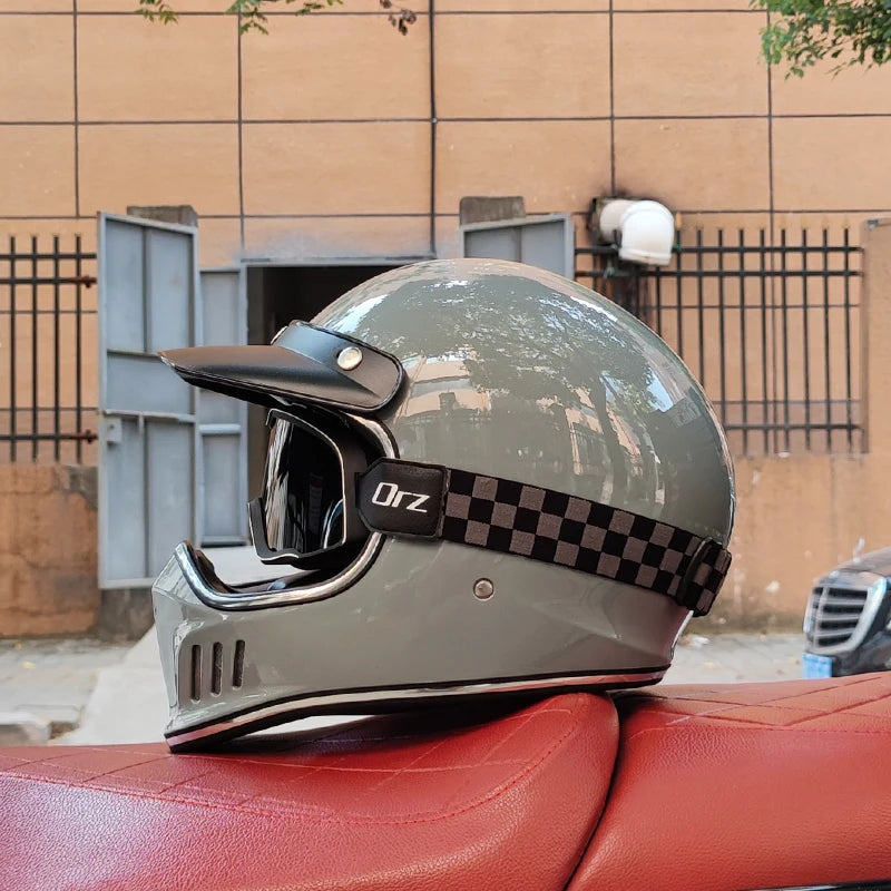VOSS Retro Motorcycle Helmet, Retro Coffee Racer, Personality, Full Face, DOT Certified, Jetvintage silver mirror