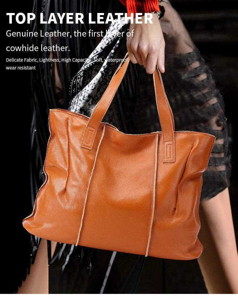 Women's Luxury Designer Natural Cowhide Soft Handbag Famale Fashion Shoulder Bag Ladies Cow Leather Large Capacity Tote Bag