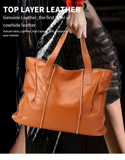 Women's Luxury Designer Natural Cowhide Soft Handbag Famale Fashion Shoulder Bag Ladies Cow Leather Large Capacity Tote Bag