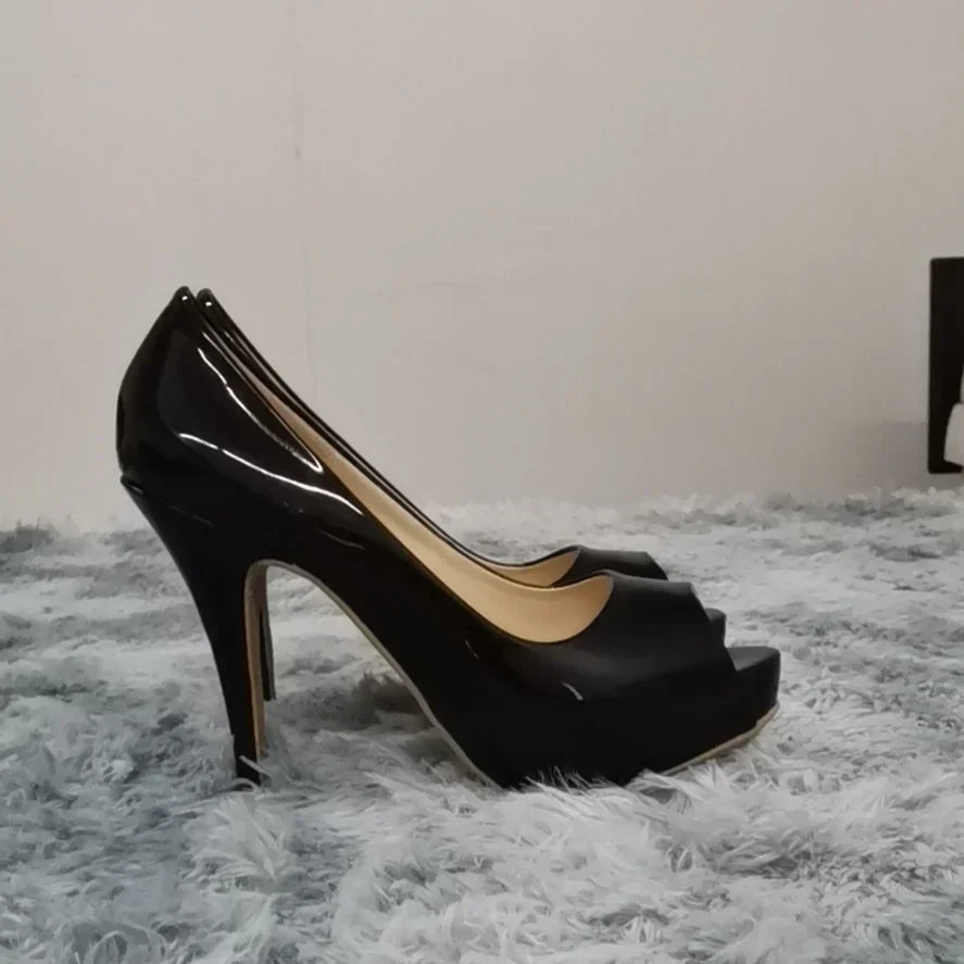 Women Platform High Heels Pumps Fashion Sexy Open Toe 12cm Patent Leather Stilettos Gladiator Party Wedding Jazz Dance Shoes