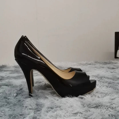 Women Platform High Heels Pumps Fashion Sexy Open Toe 12cm Patent Leather Stilettos Gladiator Party Wedding Jazz Dance Shoes
