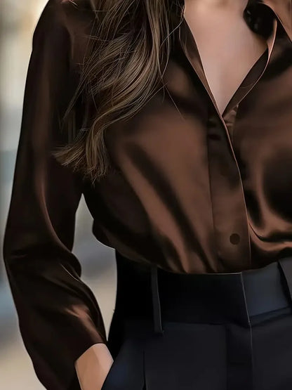 2025 Spring and Autumn Women's Lapel Shirt Brown Button Cardigan Top Black Elegant Fashion Office Basic Blouses for Female