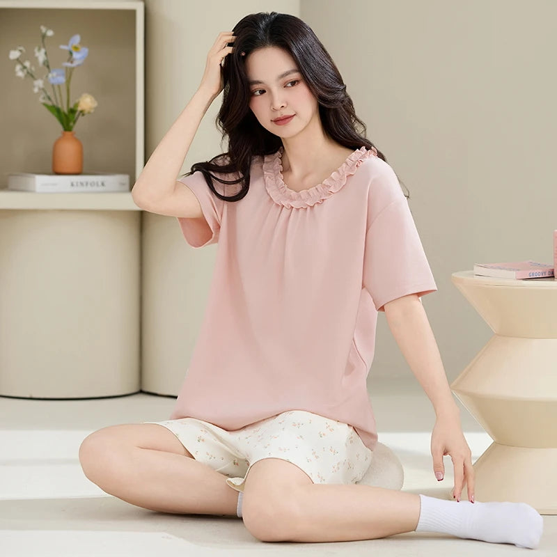 100% Pure Cotton Women Pajamas Summer Cartoon Print Pijamas Girls Nightwear Homewear Short Sleeve Sleepwear O-neck Loungewear