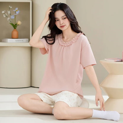 100% Pure Cotton Women Pajamas Summer Cartoon Print Pijamas Girls Nightwear Homewear Short Sleeve Sleepwear O-neck Loungewear
