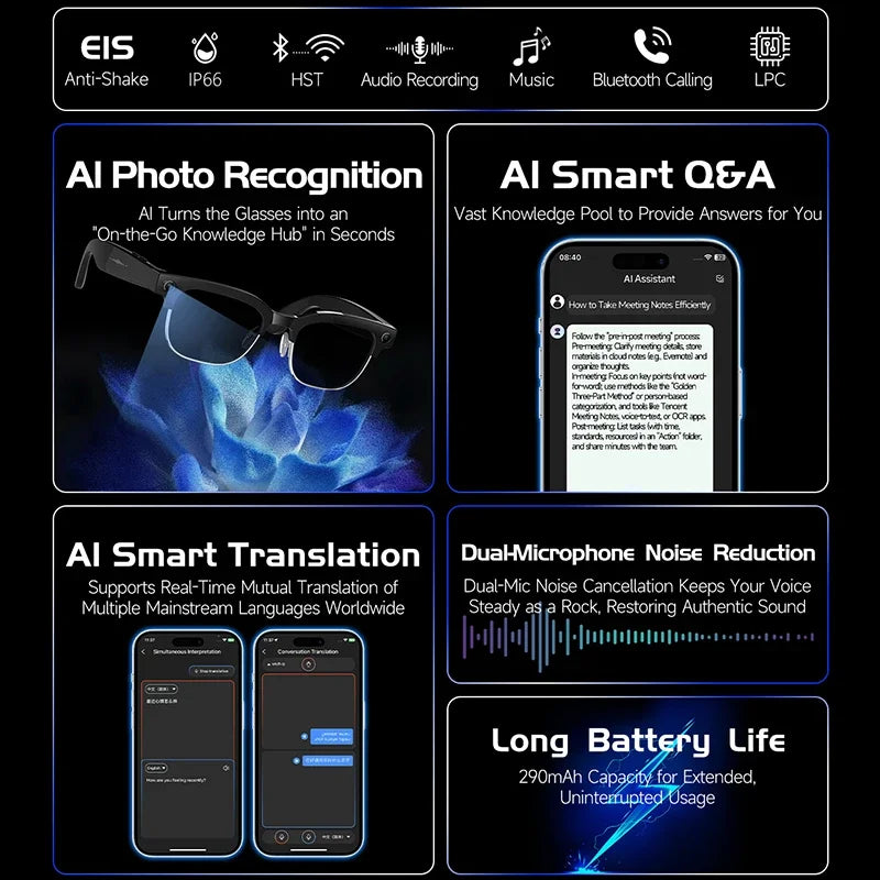 New 800W 4K UHD Camera Smart AI Glasses Recording Videos 290mAh Photo Recognition Translation Al Voice Bluetooth Smart Glasses