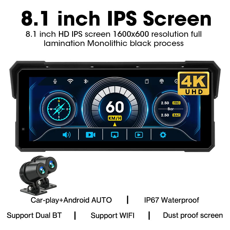 Jansite Portable 7/8.1 inch IP67 Waterproof Motorcycle 4K DVR GPS Navigation Wireless Carplay Android Auto Moto Recorder Monitor