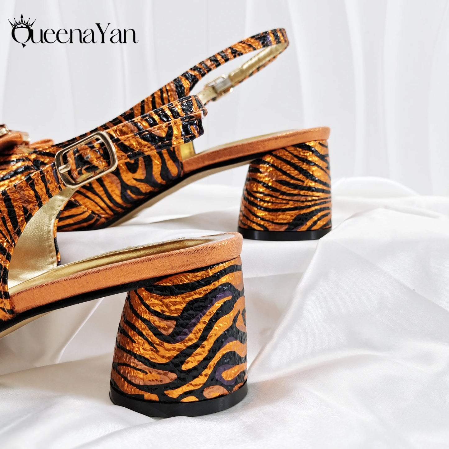 Queena Yan 2025 Women Elegant Gold High Heel Shoe and Matching Bag Set with Rhinestone Accents Stylish Peep Toe Design for Party
