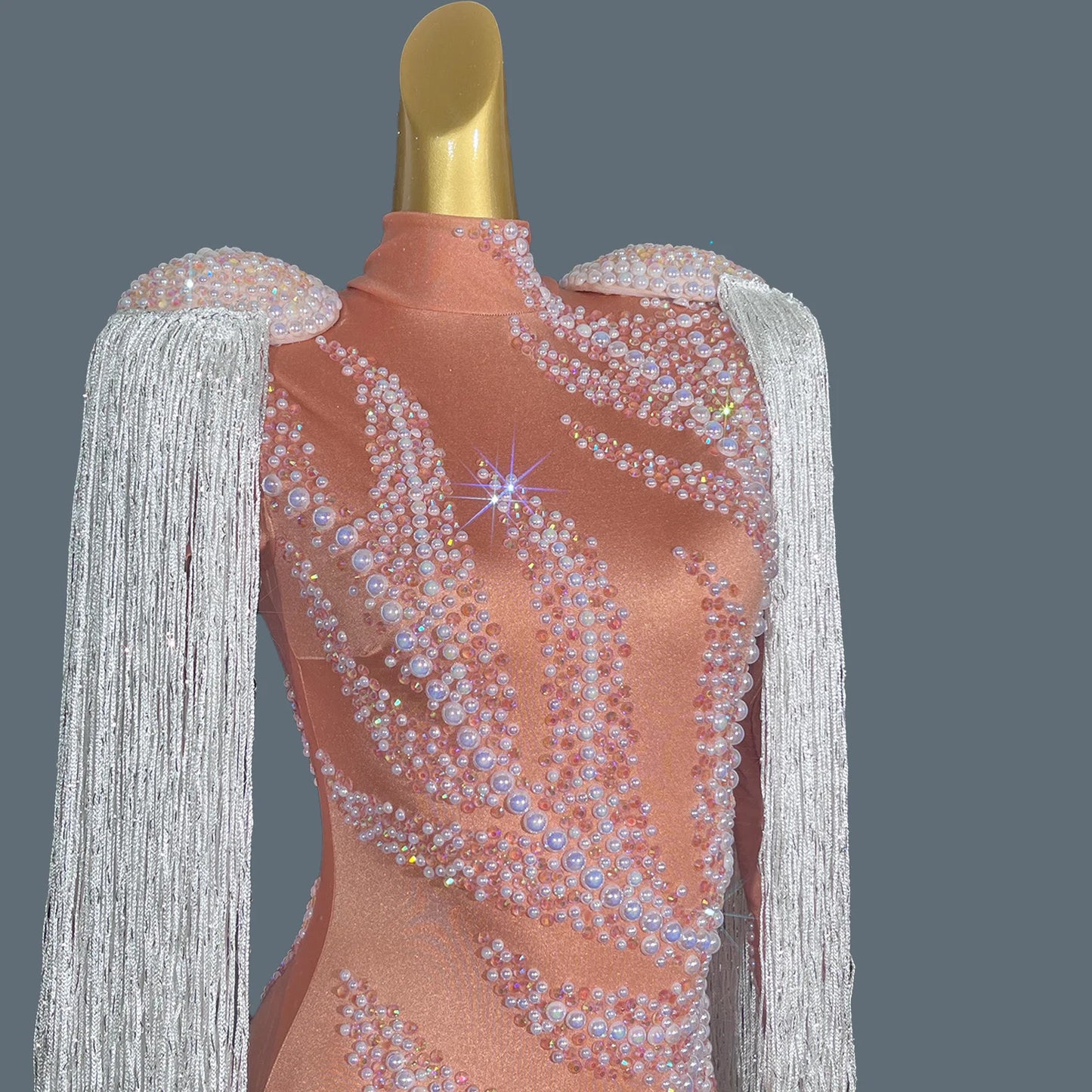Luxury Rhinestones Pink Spandex Bodysuit Sexy Diamond Beaded Tassel Birthday Party Stage Show Leotard Singer Wear Jianzhangliusu
