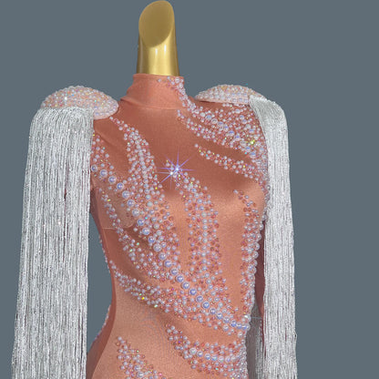 Luxury Rhinestones Pink Spandex Bodysuit Sexy Diamond Beaded Tassel Birthday Party Stage Show Leotard Singer Wear Jianzhangliusu