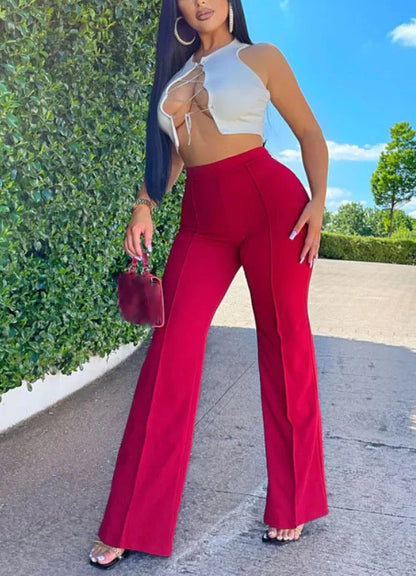 Female Casual Solid Pants Fashion High Waist Flare Pants Lady Office Elegant Long Pants For Women Spring Summer Womens Clothing