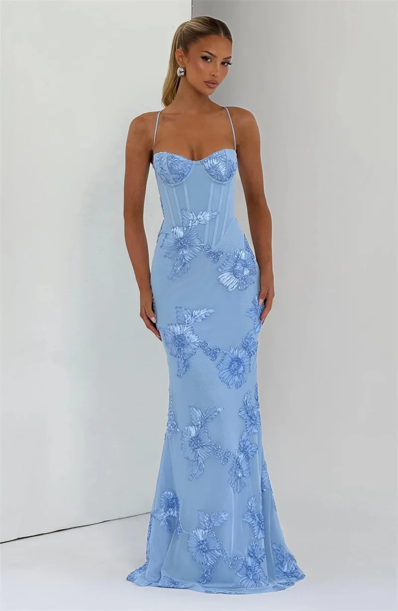 Mozision Spaghetti Strap Backless Sexy Maxi Dress Women Gown Floral Ribbon Applique Sleeveless Bodycon Evening Club Party Dress