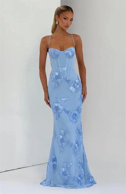 Mozision Spaghetti Strap Backless Sexy Maxi Dress Women Gown Floral Ribbon Applique Sleeveless Bodycon Evening Club Party Dress