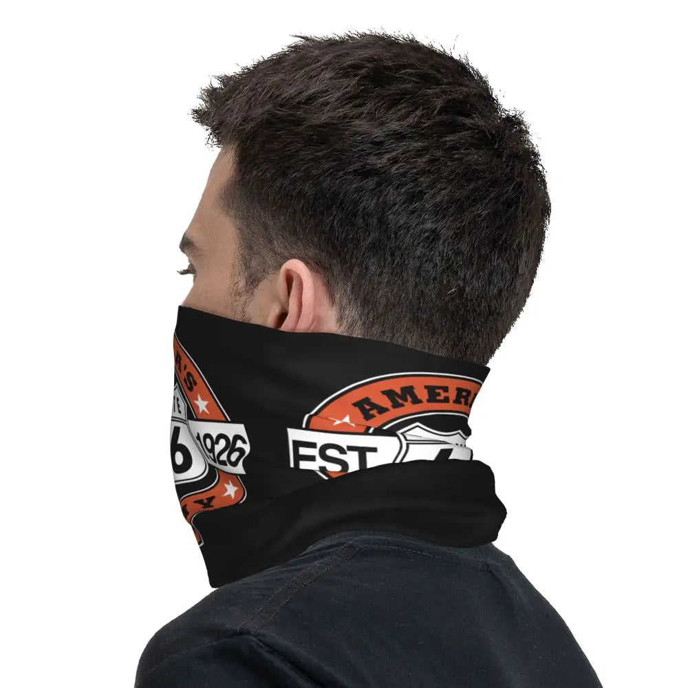 Custom Travel Motorcycle Ride Route 66 Bandana Winter Neck Warmer Windproof Wrap Face Scarf for Hiking Highways Gaiter Headband