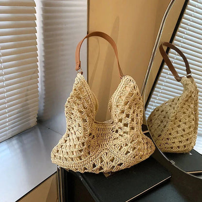 Ladies Knitted Straw Handbag Hollow out Hand Woven Beach Shoulder Bag for Women Seaside Tote Perfect for Vacations