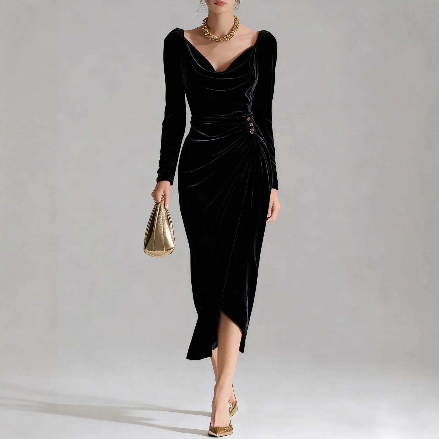 2025 European and American Women's Casual Gold Velvet Sexy New Long-Sleeve Slim Pleated Long Split Bodycon Dress