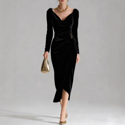 2025 European and American Women's Casual Gold Velvet Sexy New Long-Sleeve Slim Pleated Long Split Bodycon Dress