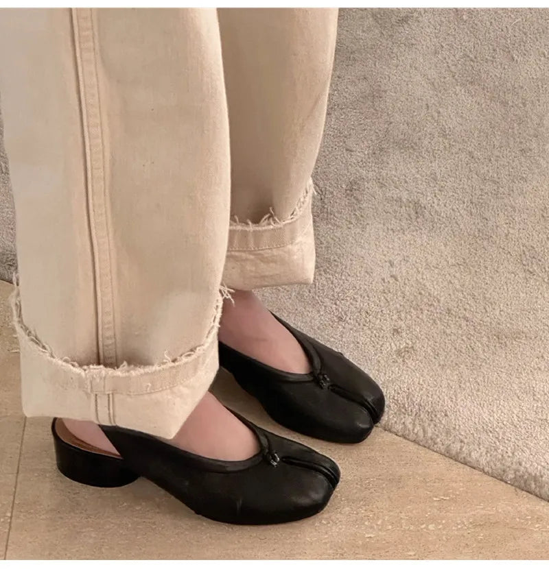 2025 Spring Summer Fashion Soft Leather Split Toe Women Pumps Casual Comfortable 3.5cm Low Heeled Slingbacks Tabi Ballet Shoes